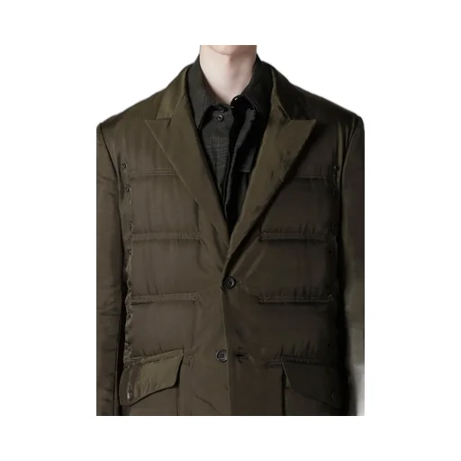 Khaki Cu Twill 2 Buttons Padded Long Jacket