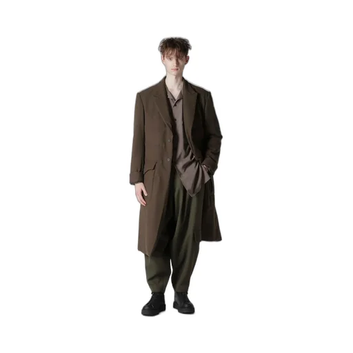 Flannel Khaki 2Buttons Padded Long Jacket