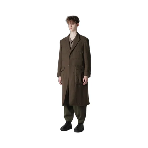 Flannel Khaki 2Buttons Padded Long Jacket