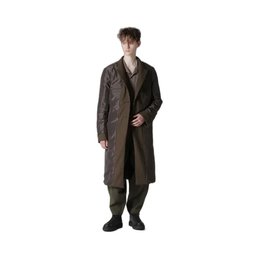 Flannel Khaki 2Buttons Padded Long Jacket