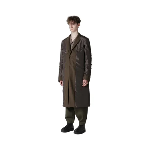 Flannel Khaki 2Buttons Padded Long Jacket