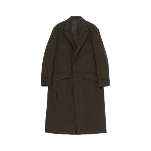 Flannel Khaki 2Buttons Padded Long Jacket