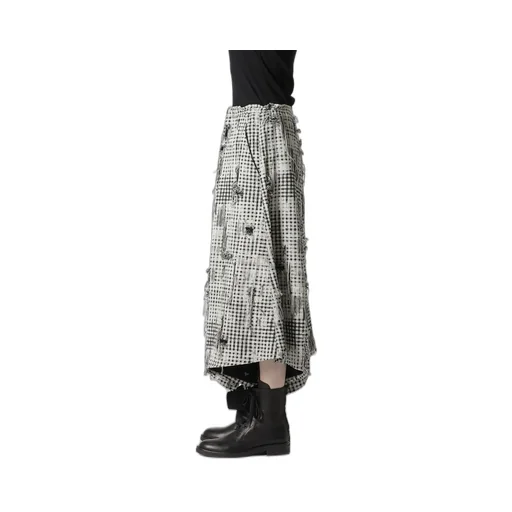Damaged Gingham Jacquard Skirt-Like Pants