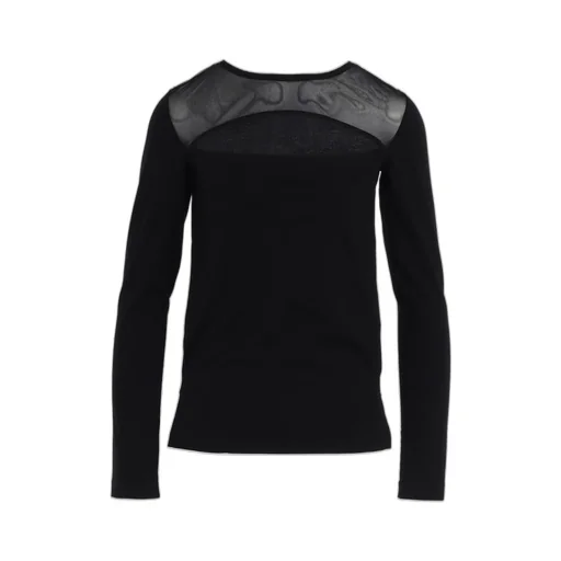 Plain Stitch +Tulle Slit Chest Long Sleeve T-Shirt