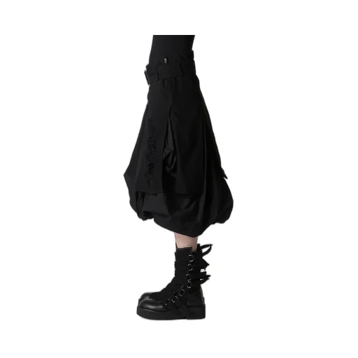 Damaged Denim Belt Balloon Skirt