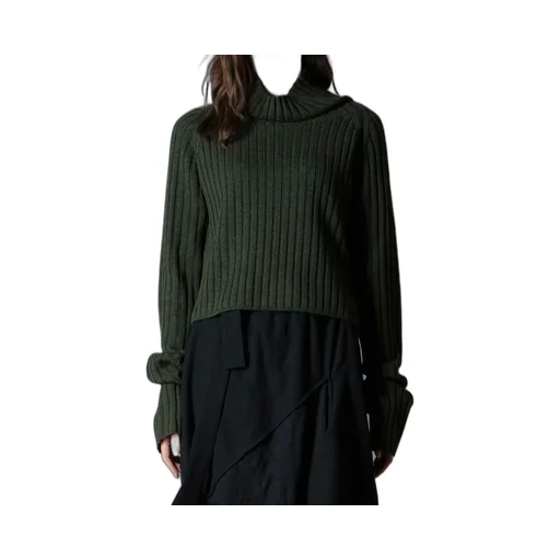 Fine Merino Wool Ribbed Raglen Short Length Turtle Neck