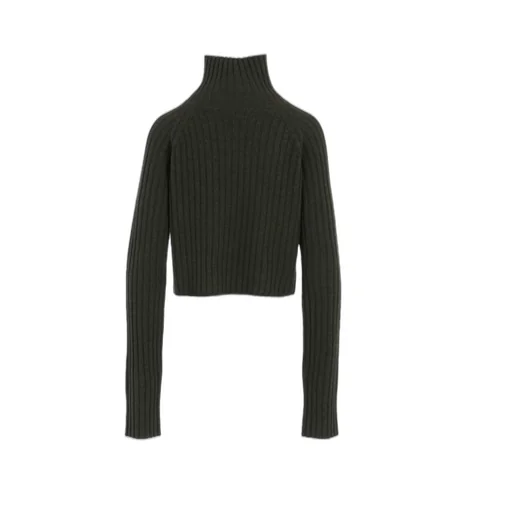 Fine Merino Wool Ribbed Raglen Short Length Turtle Neck