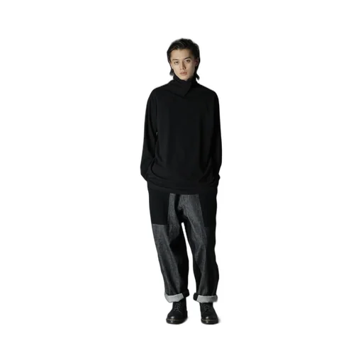 Black Denim +Wool Jersey Rib Waist String Pants