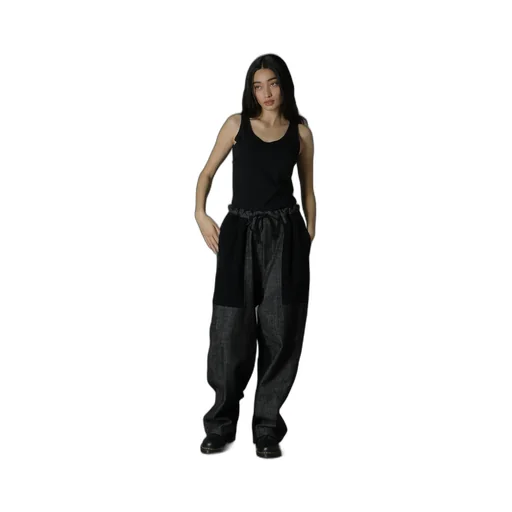 Black Denim +Wool Jersey Rib Waist String Pants