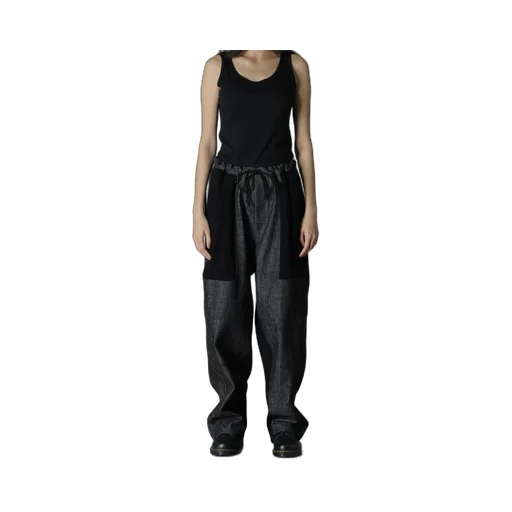 Black Denim +Wool Jersey Rib Waist String Pants