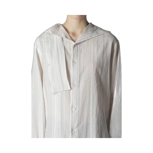 Stripe Shrink-Finish Sailor Collar Blouse