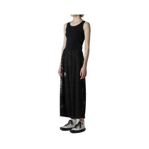 Angel-Print Dungaree Twill Front Plated Wide Pants