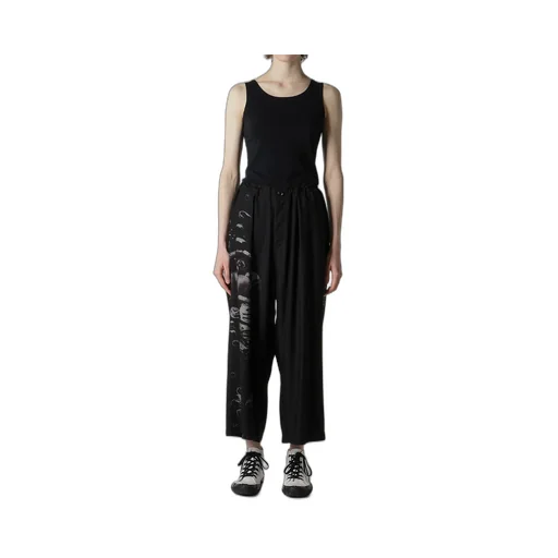 Angel-Print Dungaree Twill Front Plated Wide Pants
