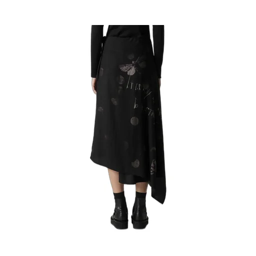 Butterfly-Print Dungaree Twill Asymmetric Midi Skirt