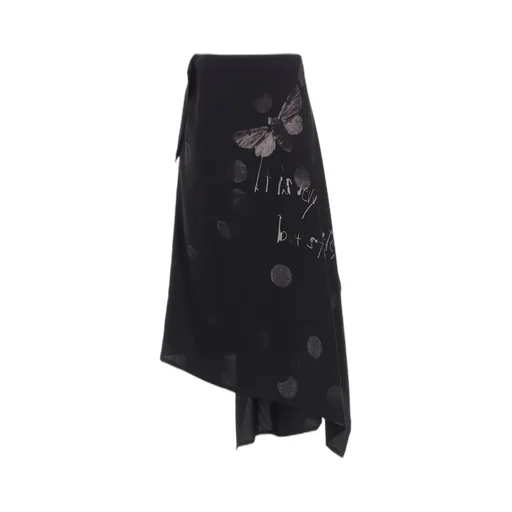 Butterfly-Print Dungaree Twill Asymmetric Midi Skirt
