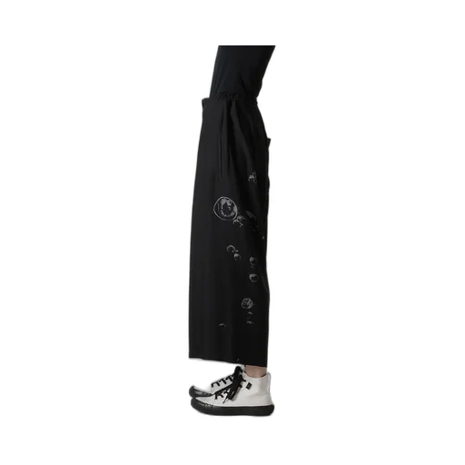 Angel-Print Dungaree Twill Front Plated Wide Pants