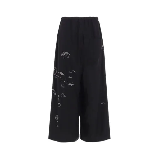 Angel-Print Dungaree Twill Front Plated Wide Pants