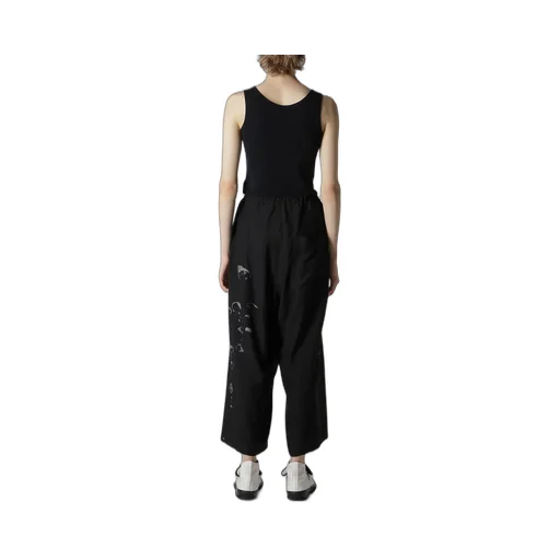 Angel-Print Dungaree Twill Front Plated Wide Pants