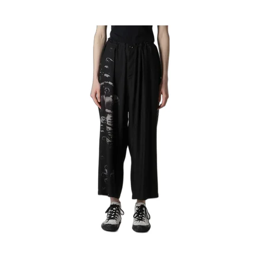 Angel-Print Dungaree Twill Front Plated Wide Pants