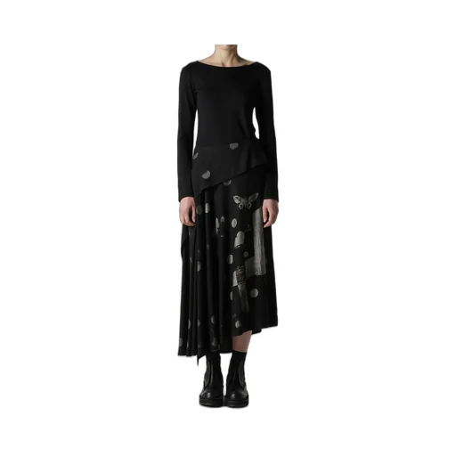 Butterfly-Print Dungaree Twill Asymmetric Long Skirt