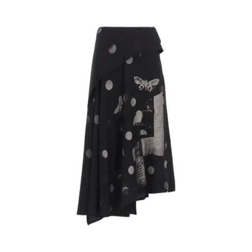 Butterfly-Print Dungaree Twill Asymmetric Long Skirt