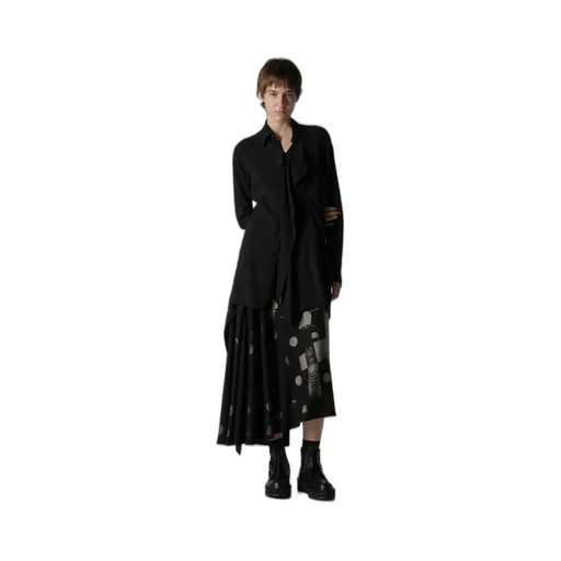Butterfly-Print Dungaree Twill Asymmetric Long Skirt