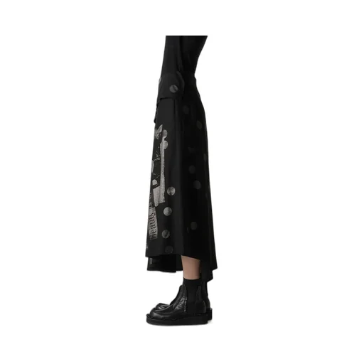 Butterfly-Print Dungaree Twill Asymmetric Long Skirt