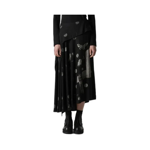 Butterfly-Print Dungaree Twill Asymmetric Long Skirt
