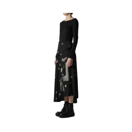 Butterfly-Print Dungaree Twill Asymmetric Long Skirt