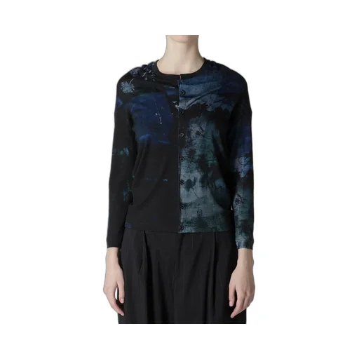 Blurry Flower Printted Off Neck Buttoned Cardigan
