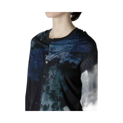Blurry Flower Printted Off Neck Buttoned Cardigan