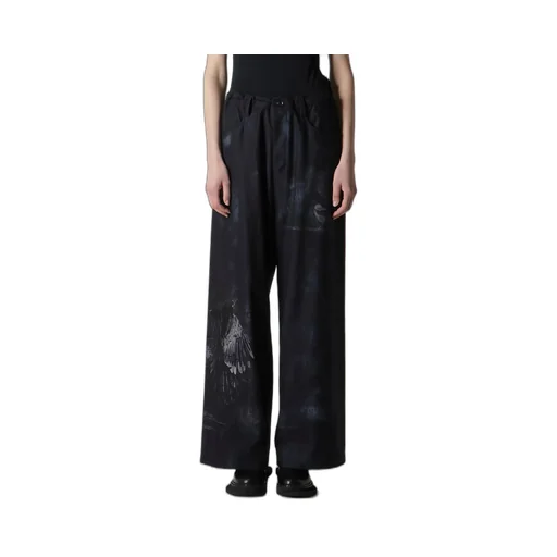 Bird Print Denim Long Straight Pants