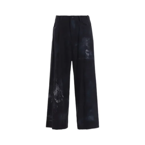 Bird Print Denim Long Straight Pants