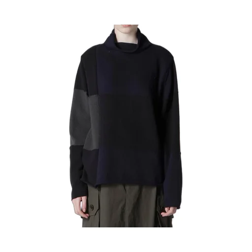 Hard-Twisted Block Intarsia High-Neck Pullover