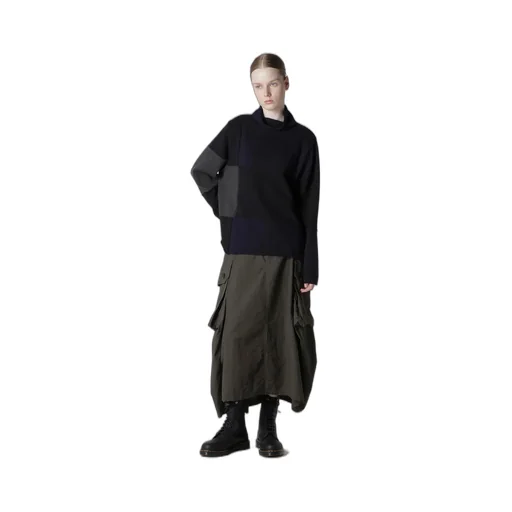 Hard-Twisted Block Intarsia High-Neck Pullover