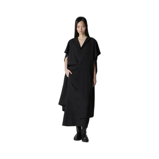Wool Gabardine Flare Sleeve Front Open Dress