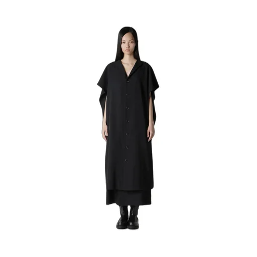 Wool Gabardine Flare Sleeve Front Open Dress