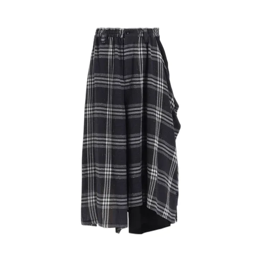 Gauze Plaid Left Double Button Open Pants