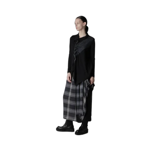Gauze Plaid Left Double Button Open Pants