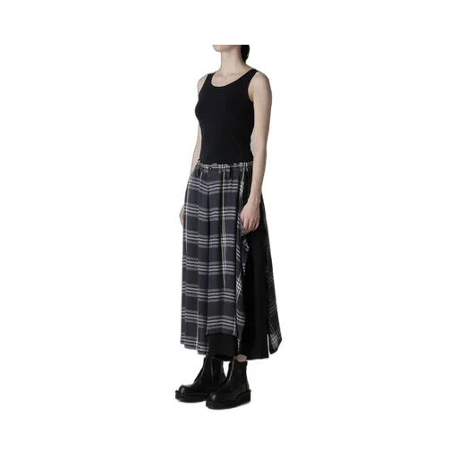 Gauze Plaid Left Double Button Open Pants