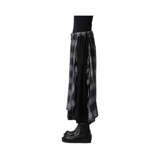 Gauze Plaid Left Double Button Open Pants