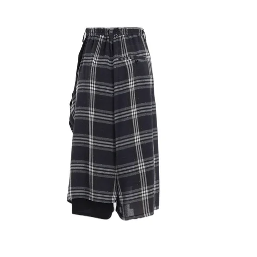 Gauze Plaid Left Double Button Open Pants