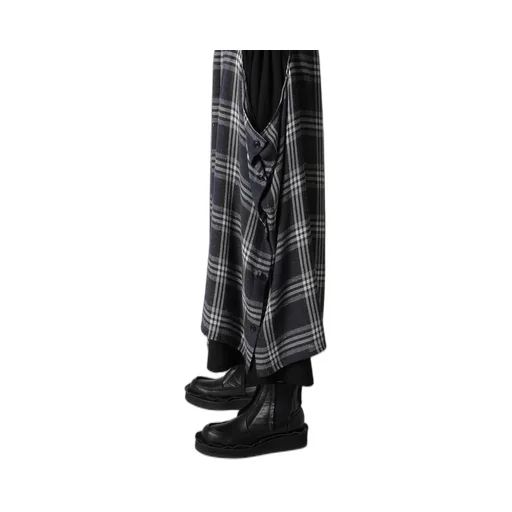Gauze Plaid Left Double Button Open Pants