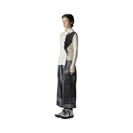Rib/Denim Combination High Neck T With Gathers
