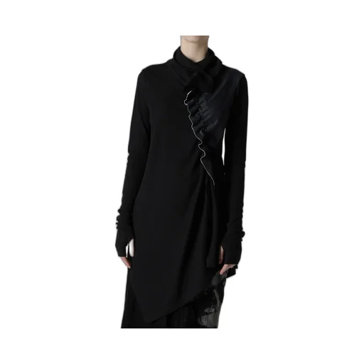 Rib/Denim Combination Long T With Gathers