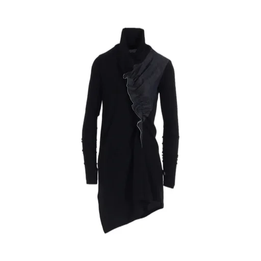 Rib/Denim Combination Long T With Gathers