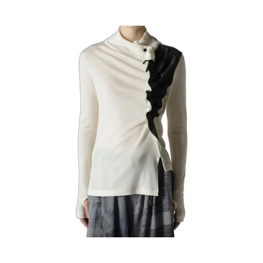 Rib/Denim Combination High Neck T With Gathers
