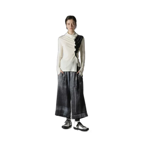 Rib/Denim Combination High Neck T With Gathers