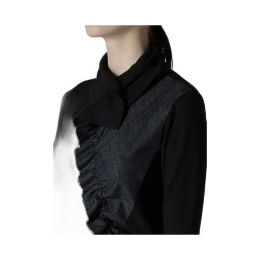 Rib/Denim Combination Long T With Gathers