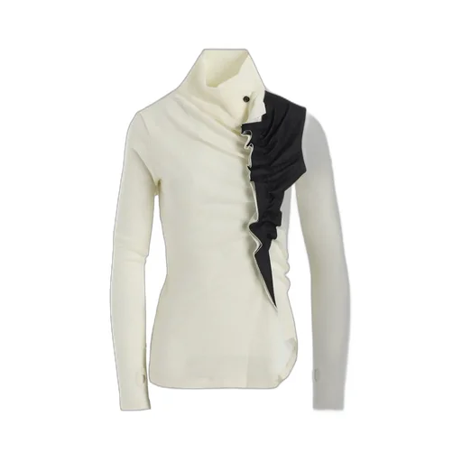Rib/Denim Combination High Neck T With Gathers